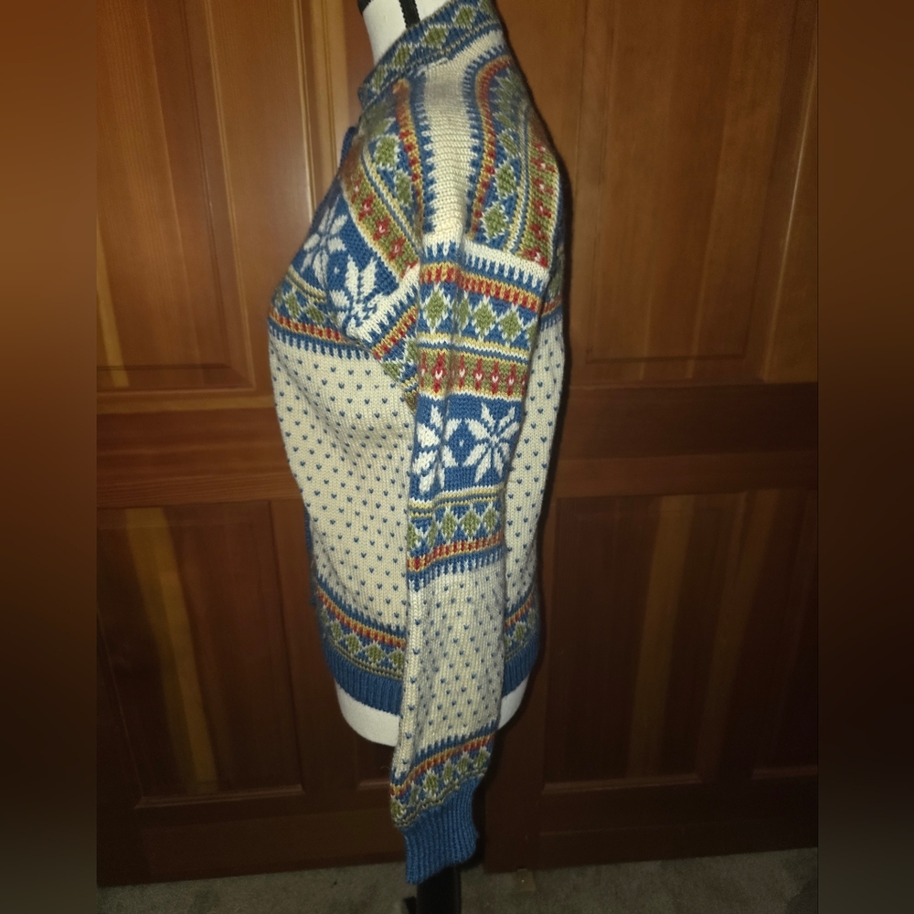 Hand Knit Nordic Knit Blue Cream Cardigan Sweater Measures To A Small. - Picture 2 of 10
